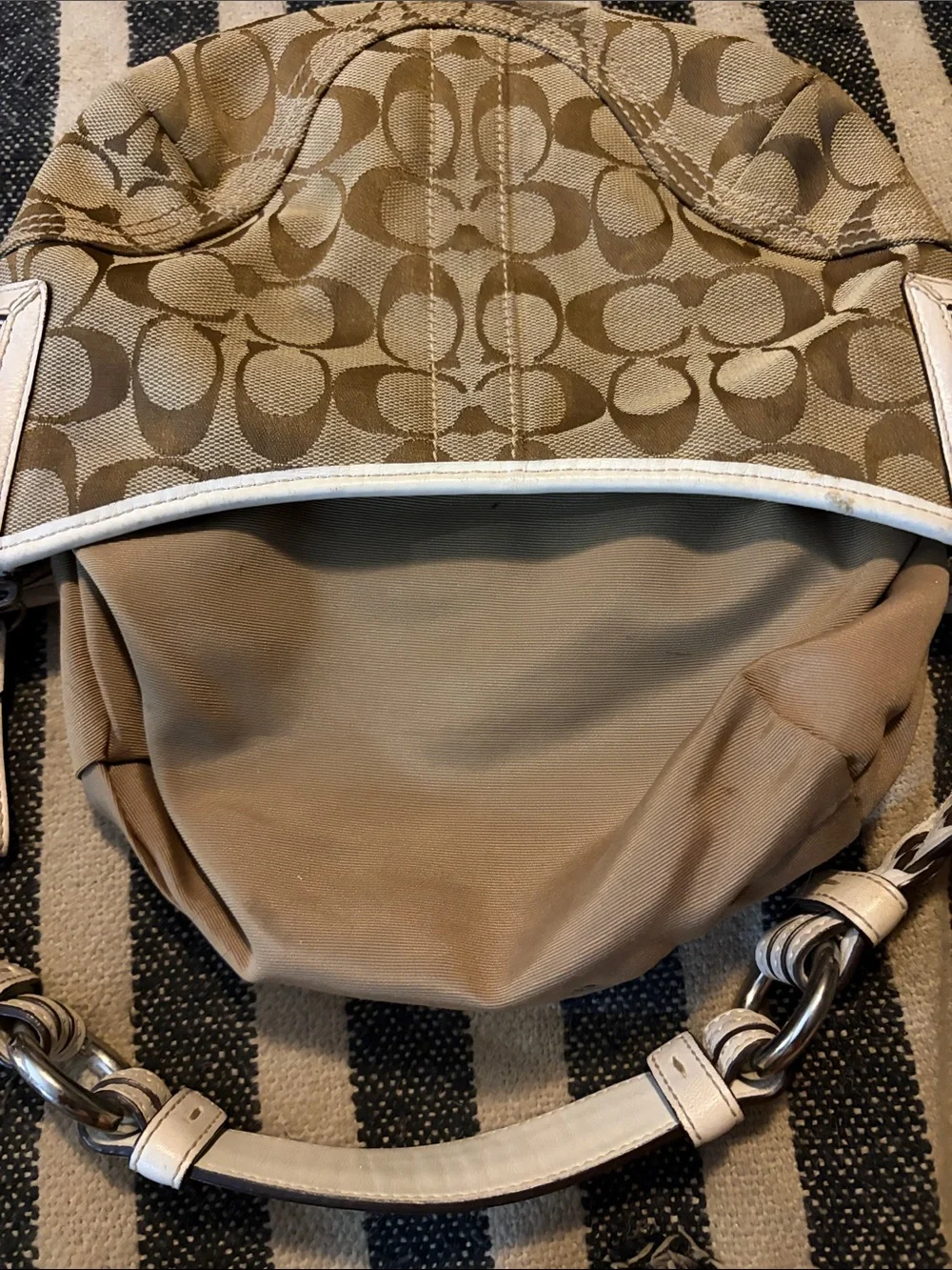 Vintage Coach SoHo Y2K Khaki Signature Canvas Shoulder Bag with White Trim